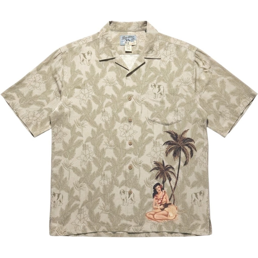 Big Dogs VTG 90s Hawaiian Shirt Mens Medium Rayon Welcome to Paradise Pinup Girl